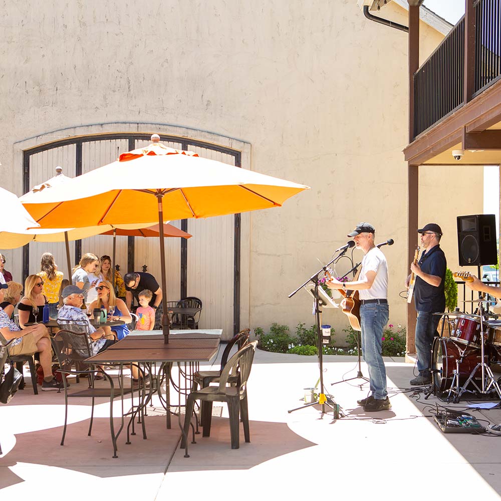A band playing at an outdoor winery while many guests look toward them.