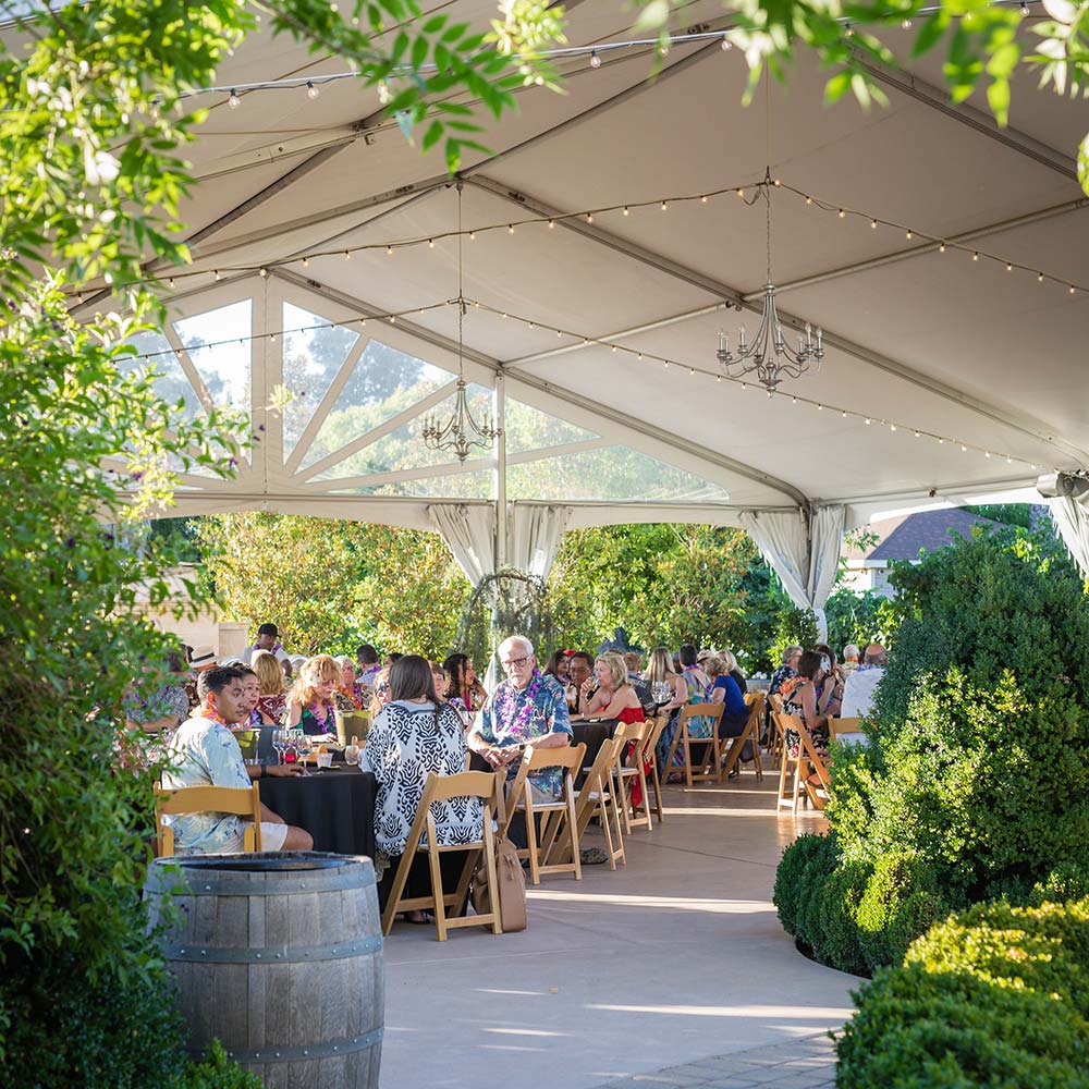 Looking toward a group of people sitting at round tables under a covered tent at an outdoor winery event.